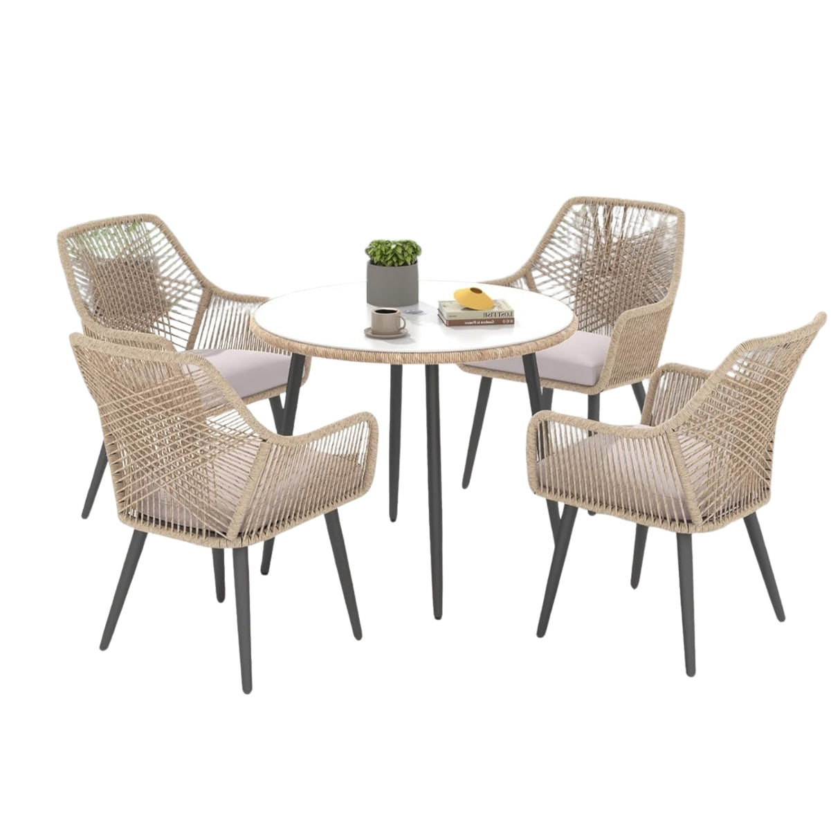 5-Piece Outdoor Patio Dining Set with Rope Chairs & Glass Top Table