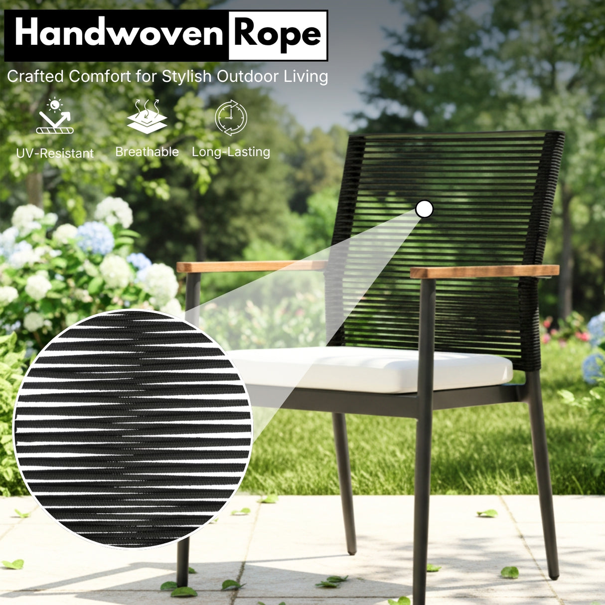 Modern Outdoor Rope Chairs with Wooden Armrests & Cushions (Black & White)