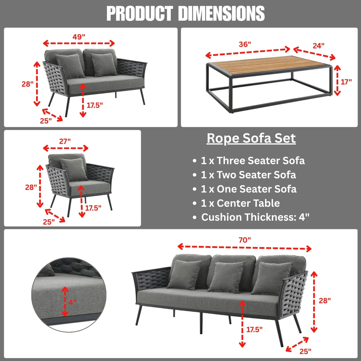 4 Piece Outdoor Rope Sofa Set with Wooden Top Table