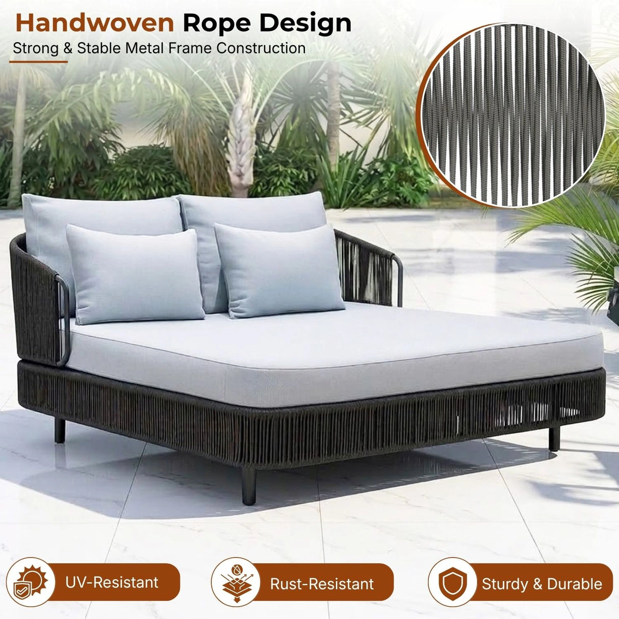 Outdoor Grey Rope Patio Daybed with Comfortable White Cushion
