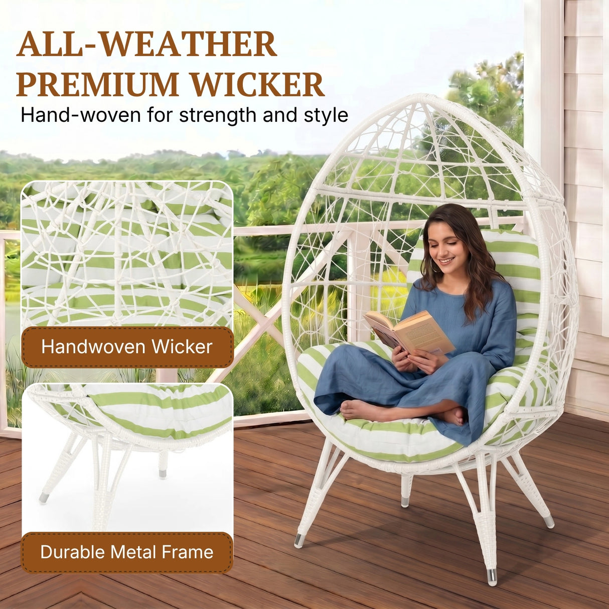 Outdoor White Rattan Lounge Accent Egg Chair