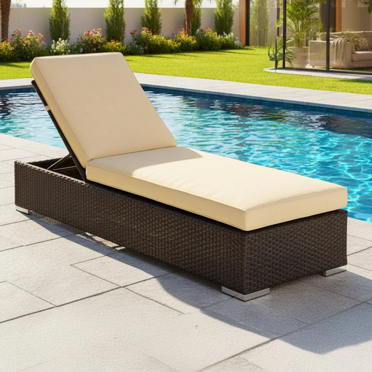 Outdoor All-Weather Rattan Wicker Lounger (Dark Brown & Cream)