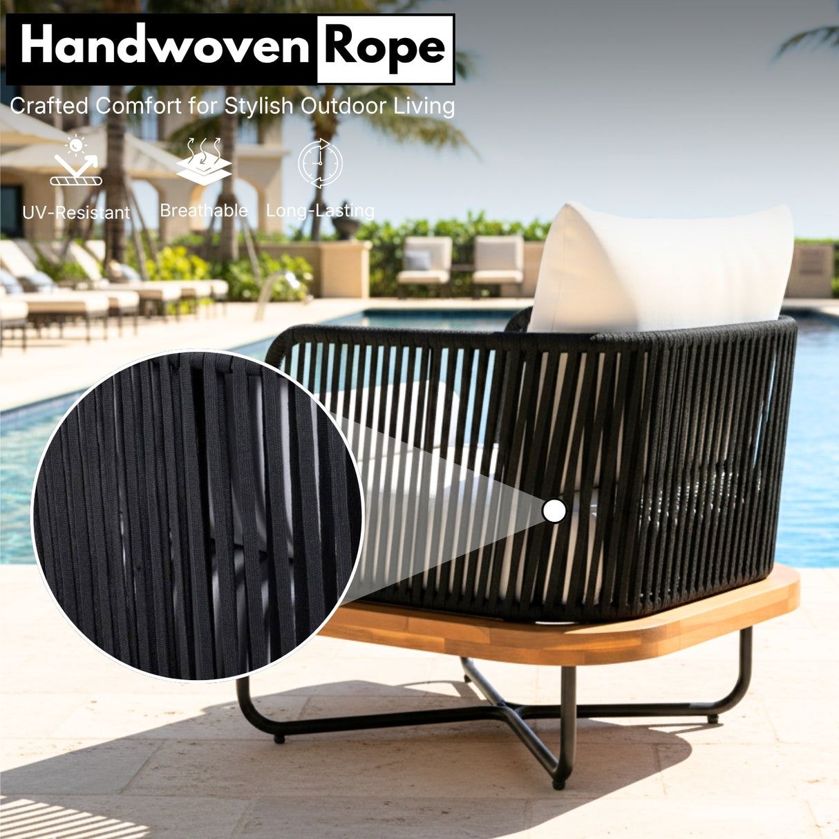 Outdoor Rope Sofa Set with Wooden Base & Teak Finish Coffee Table (Black & Off-White)