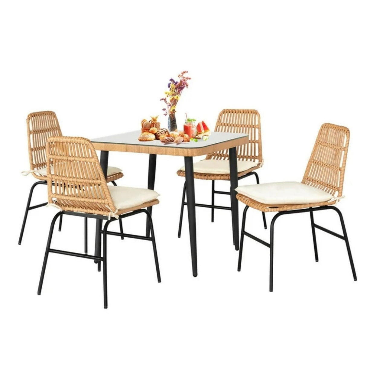 5-Piece Outdoor Patio Dining Set With Rattan Chairs & Glass-Top Table