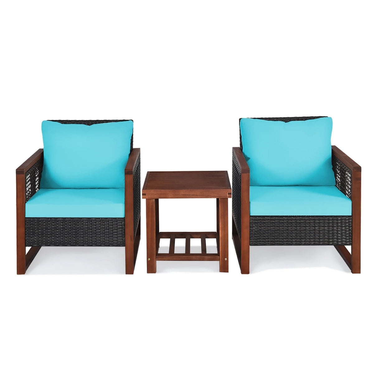 Outdoor Wicker 3-Piece Patio Furniture Set with Solid Wooden Frames (Dark Brown & Sky-Blue)