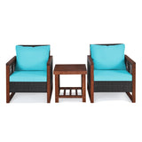 Outdoor Wicker 3-Piece Patio Furniture Set with Solid Wooden Frames (Dark Brown & Sky-Blue)