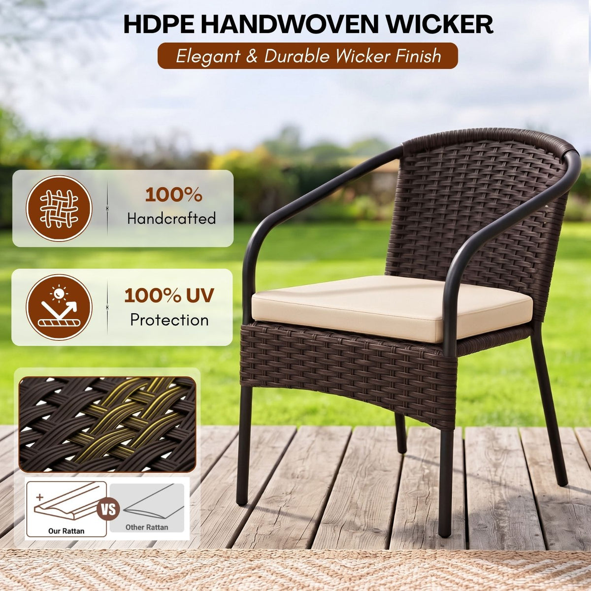 3 Piece Outdoor Wicker Patio Furniture Set (Dark Brown & Cream)