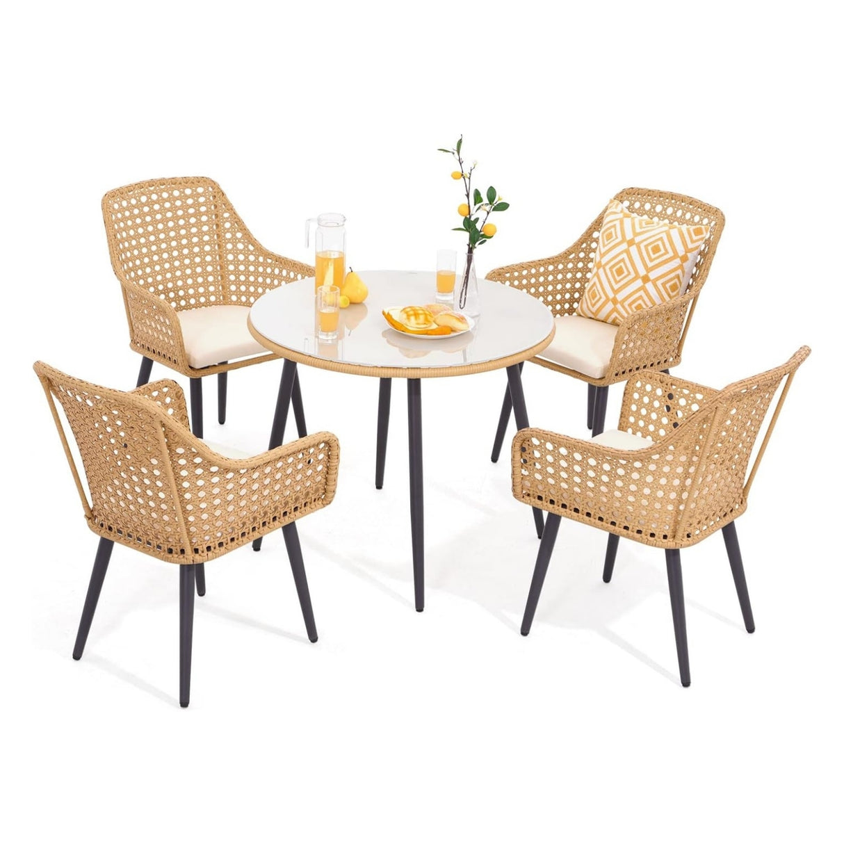 5-Piece Outdoor Patio Dining Set with Rattan Chairs & Glass Top Table