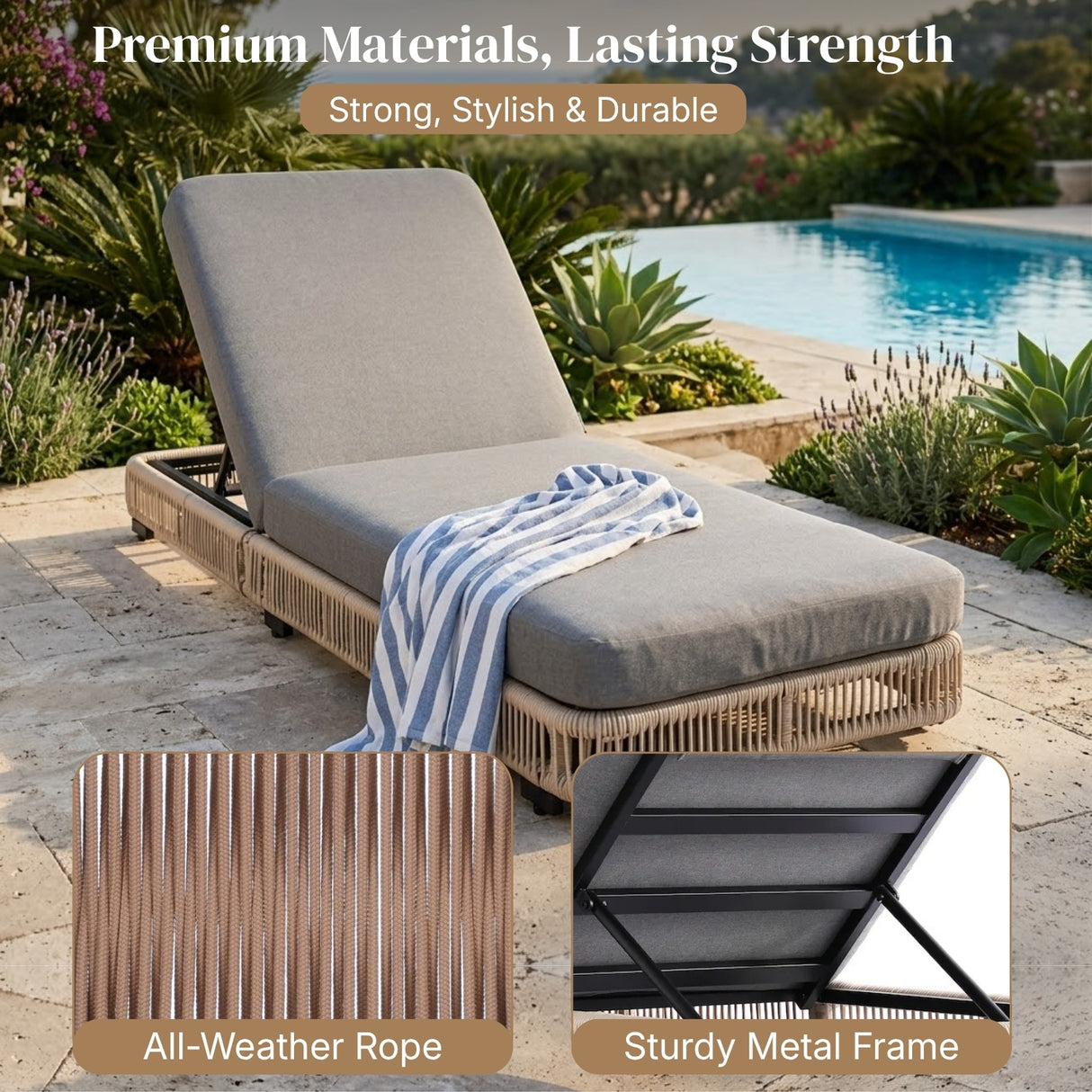 Outdoor Rope Lounger Set of 2 with Adjustable Backrest (Beige & Grey)
