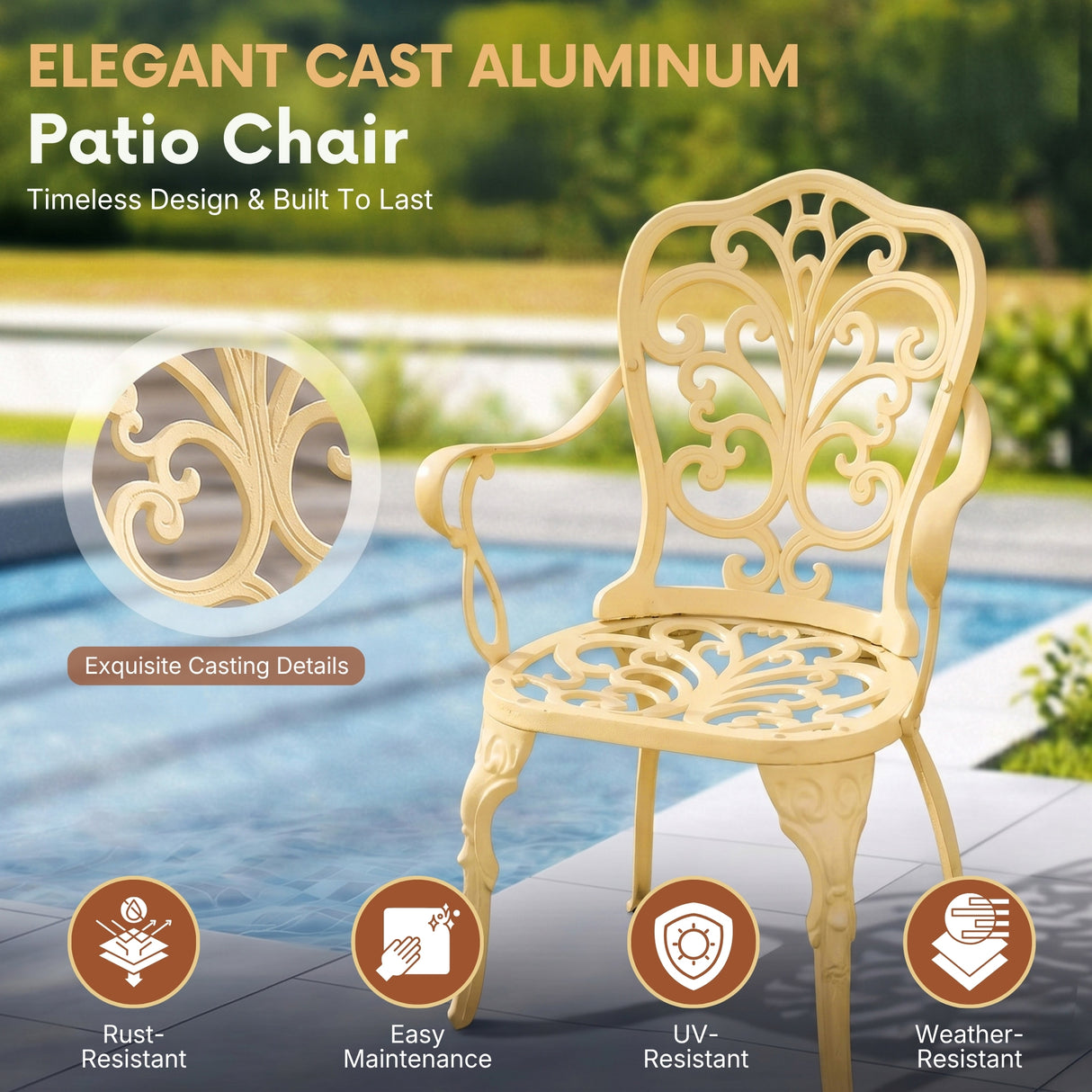 Outdoor Cast Aluminum Bistro Set with 2 Chairs (Beige)