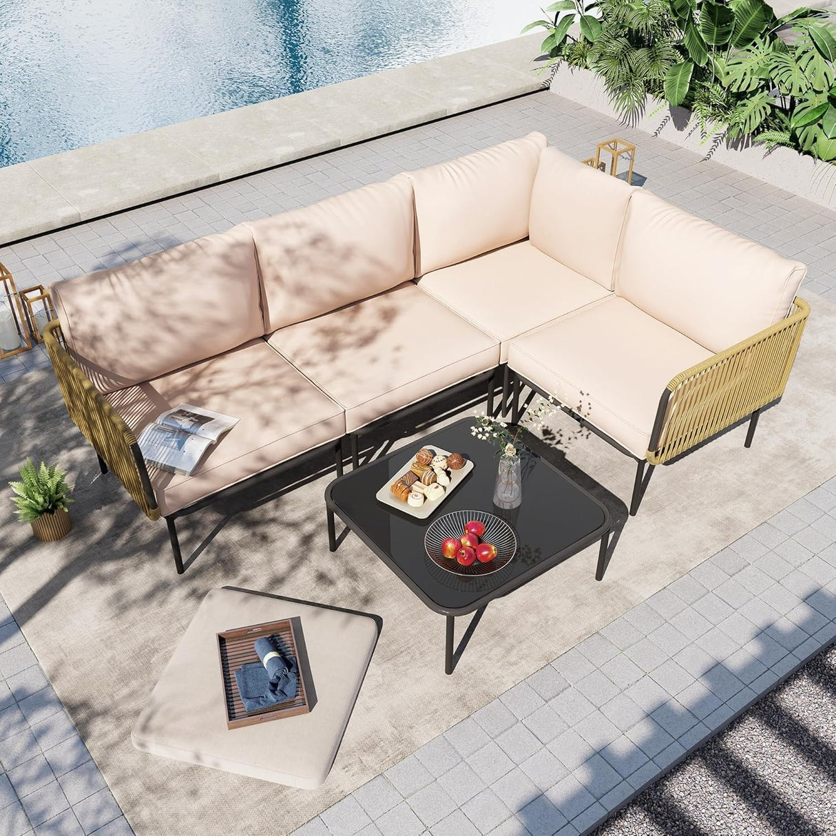 L-Shaped Rope Woven Outdoor Sofa Set (Beige & Cream)