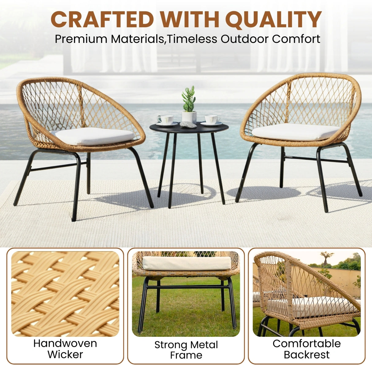 Outdoor Wicker 3-Piece Patio Set (Beige & White)