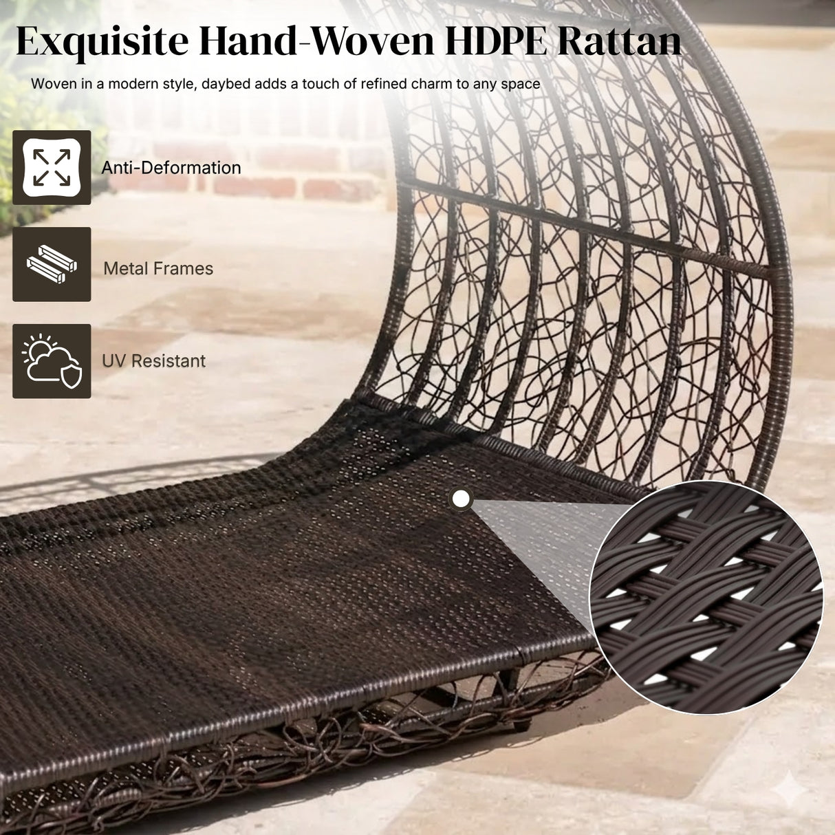Outdoor Rattan Wicker Daybed with Oval-Shaped Canopy Frame (Dark Brown & Off-White)