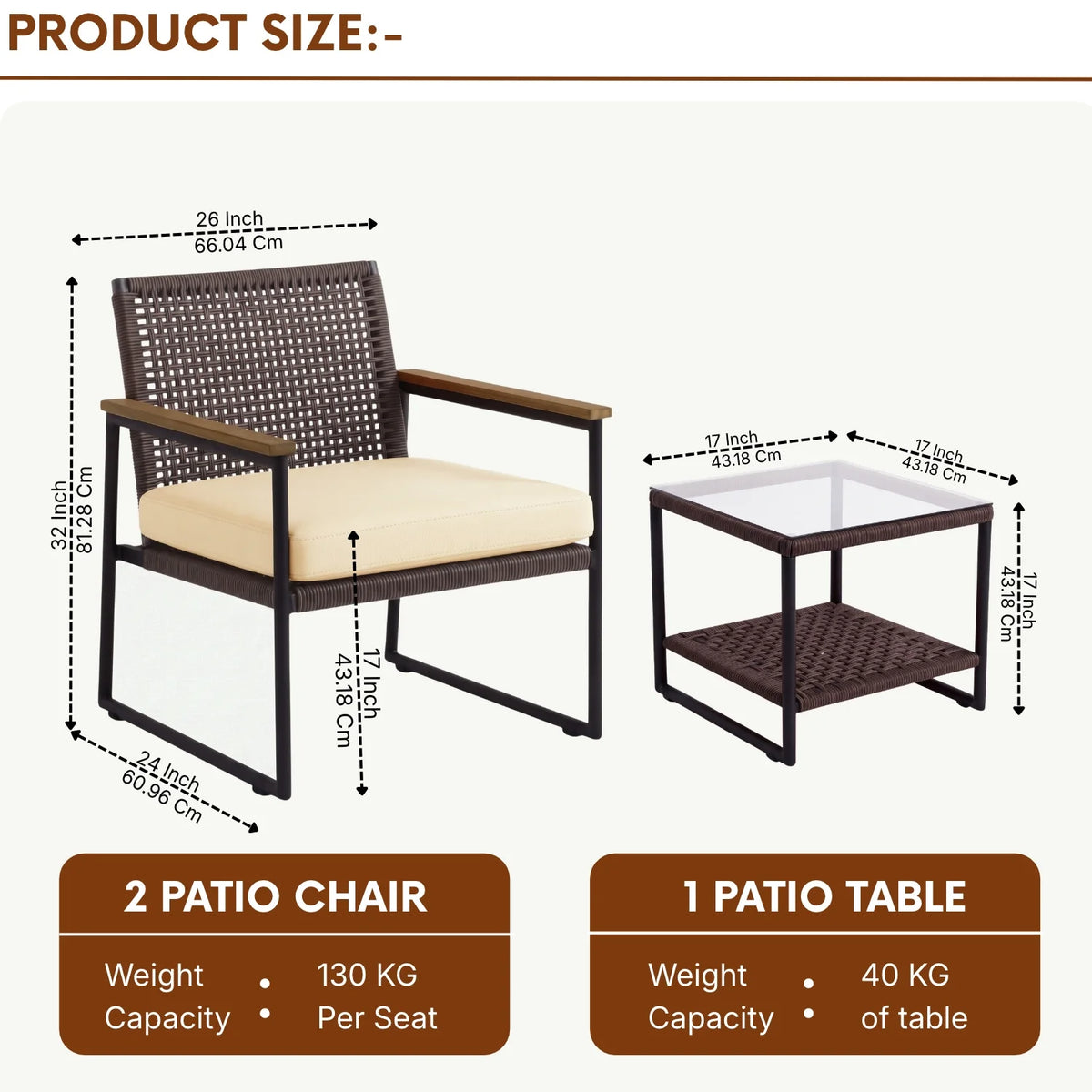 Outdoor 3-Piece Wicker Patio Set(Dark Brown & Cream)
