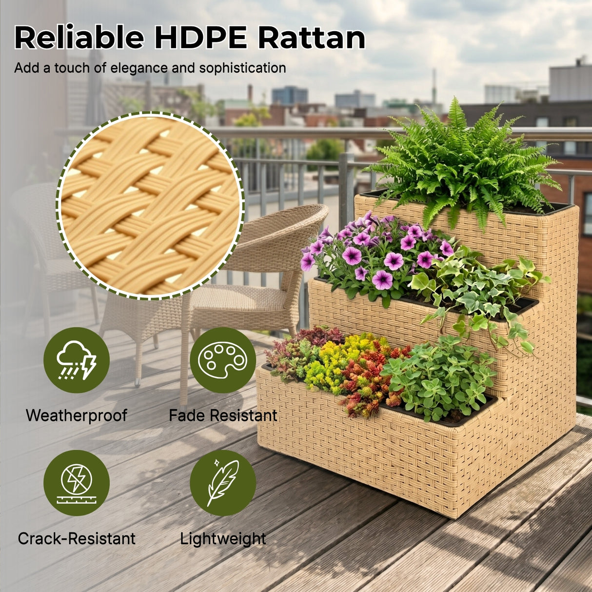 Outdoor 3-Tier Wicker Raised Planter Stand (Beige)