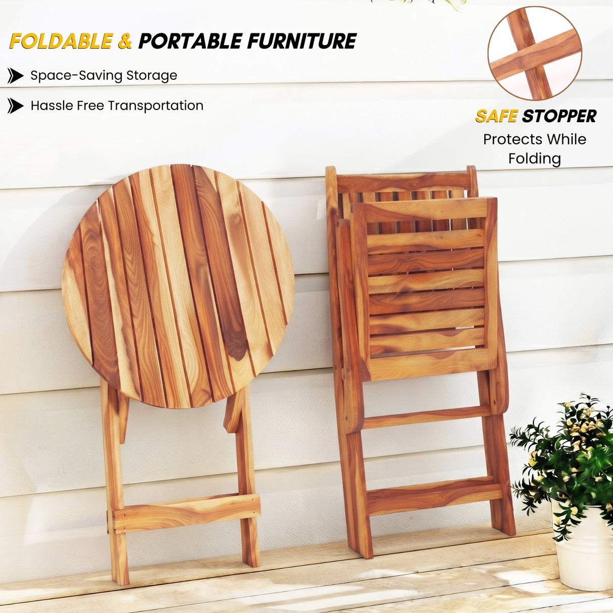 Acacia Wood Foldable Outdoor Bistro Set – 2 Chairs & Round Table