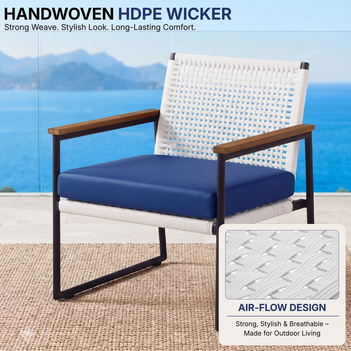 Outdoor 3-Piece Wicker Patio Set(White & Navy Blue)