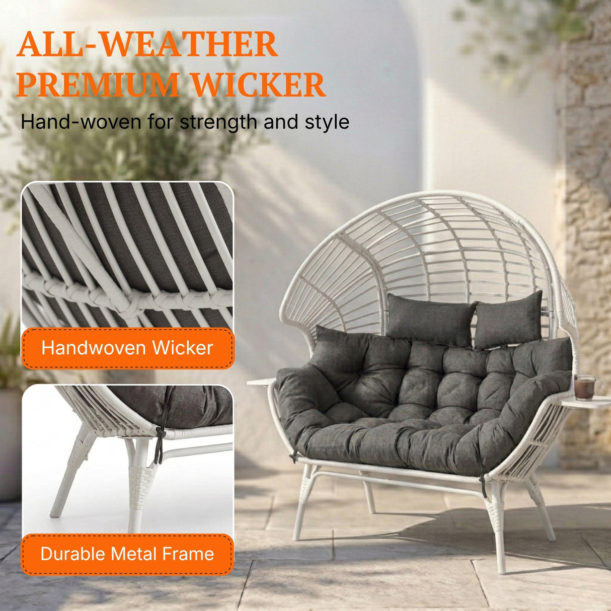 Outdoor Wicker Double Seater Egg Chair with Dual Cup Holders (White & Dark Grey)