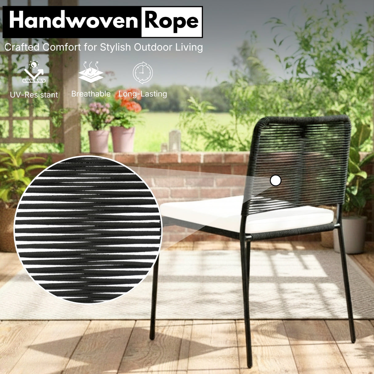 Outdoor Rope Dining Chair with Cushion (Black & White)