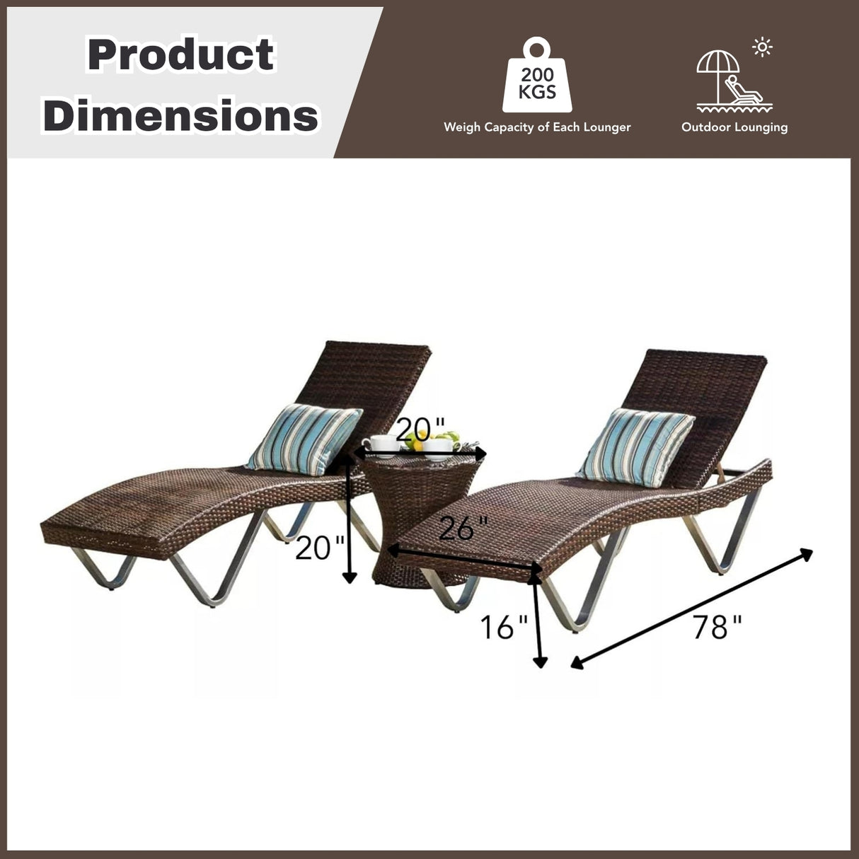Outdoor Rattan Wicker Lounge Chairs Set of 2 with Matching Side Table