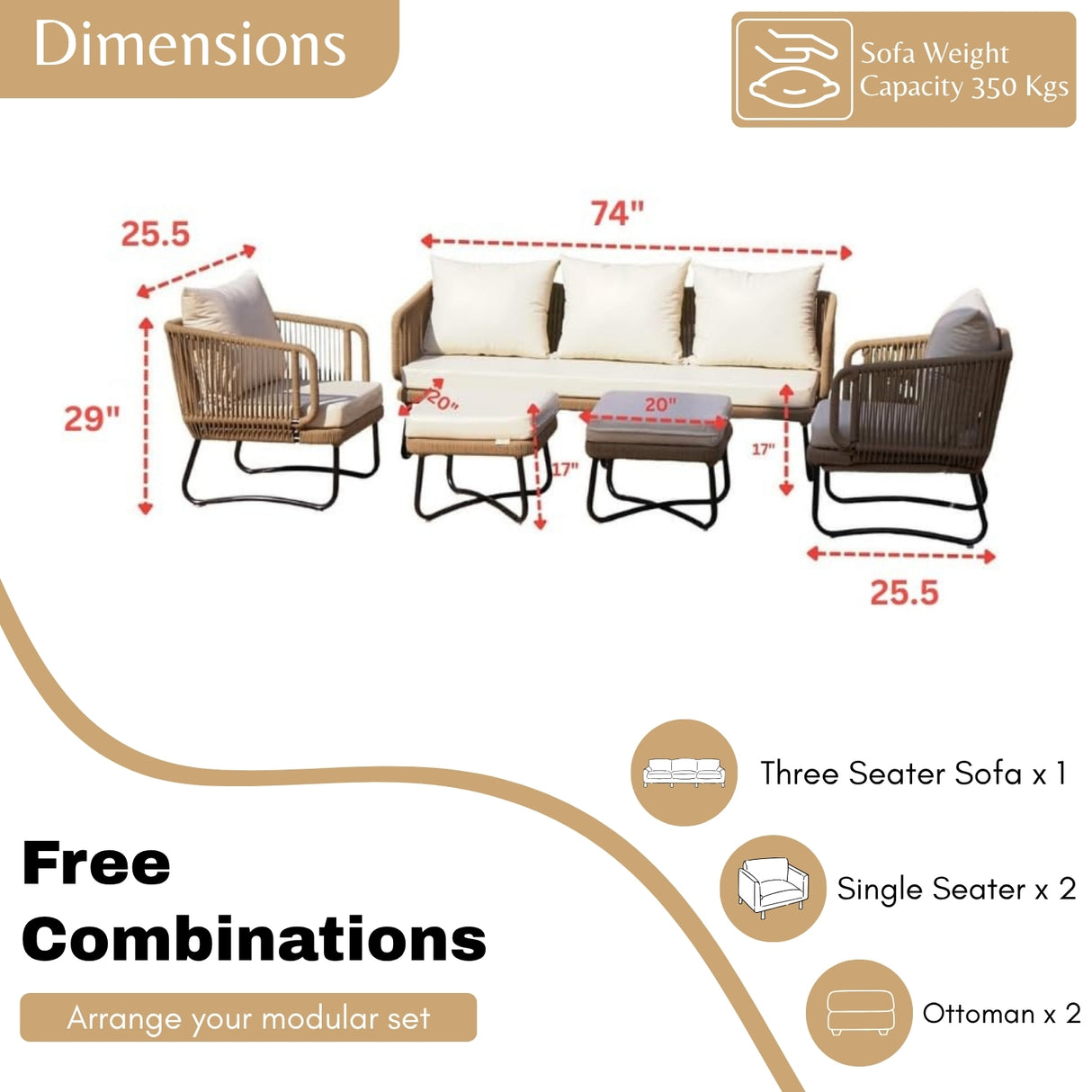 7 Seater Outdoor Rope Sofa Set with Ottomans