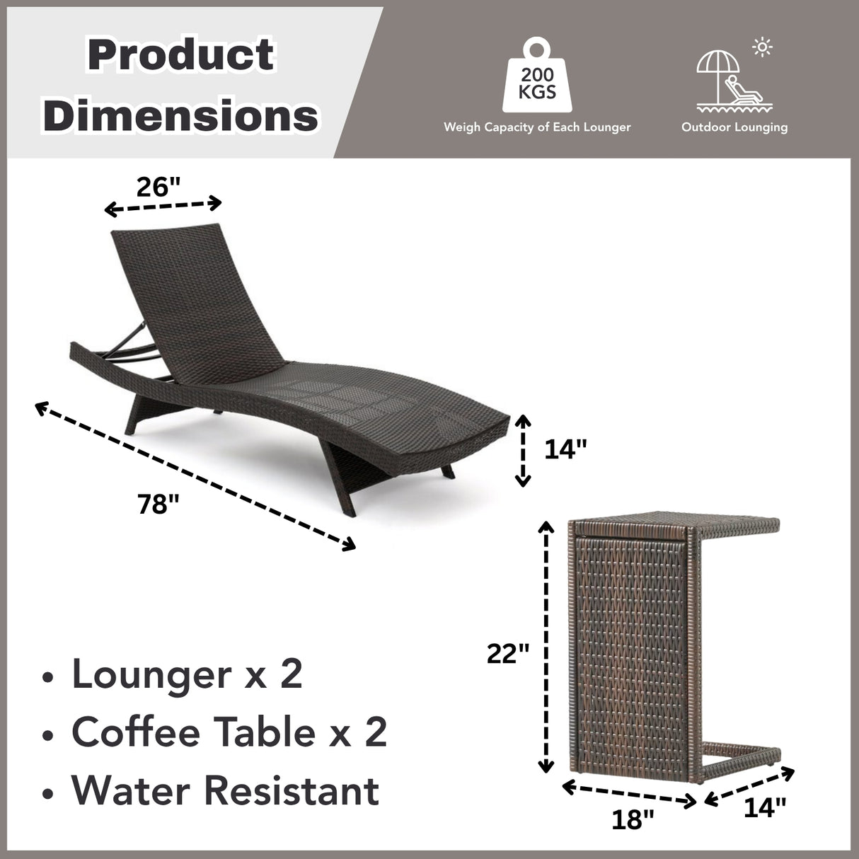 Outdoor Rattan Wicker Lounge Chairs Set of 2 with Matching Side Table