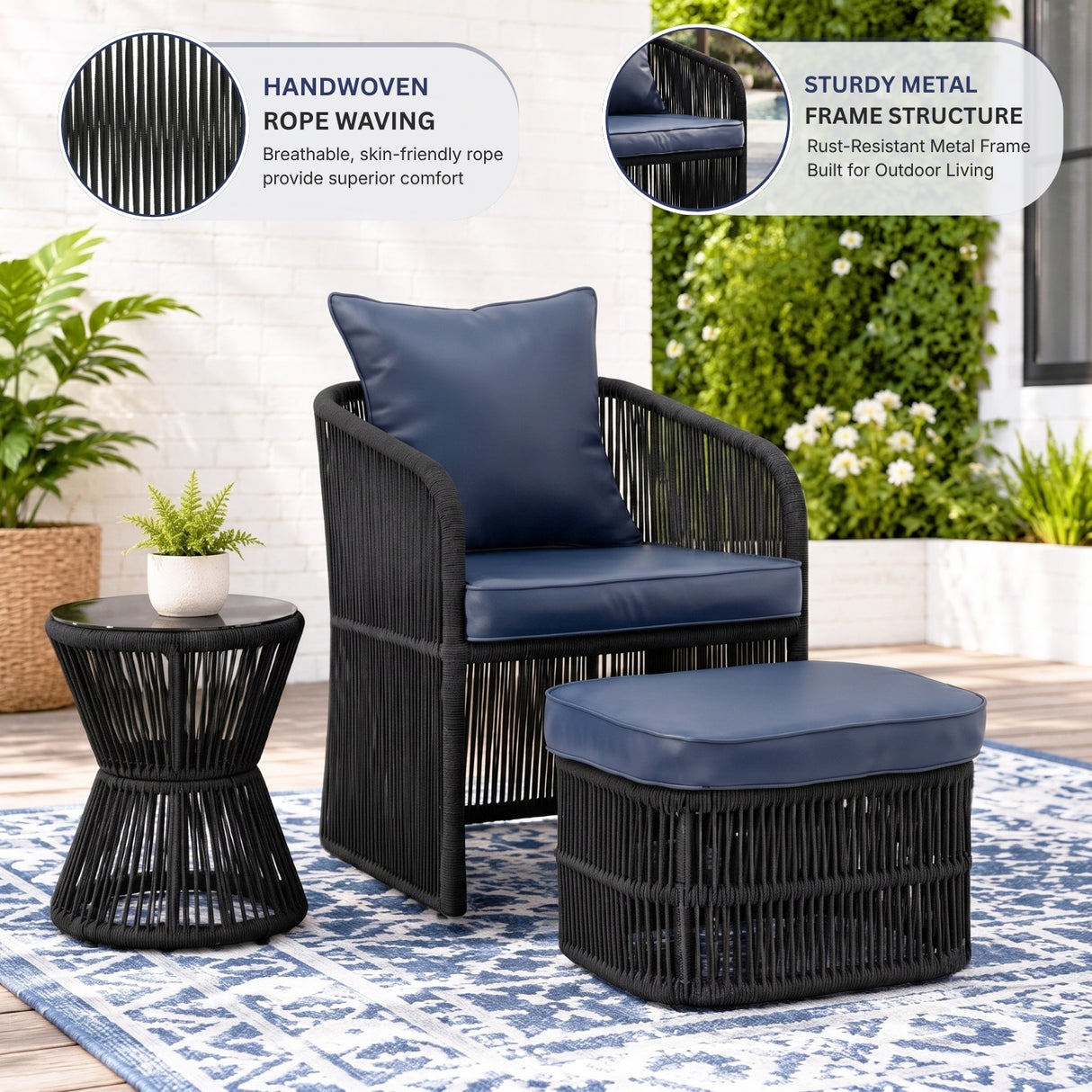 Outdoor 5 Piece Rope Patio Chair Ottoman Set (Black & Navy-Blue)