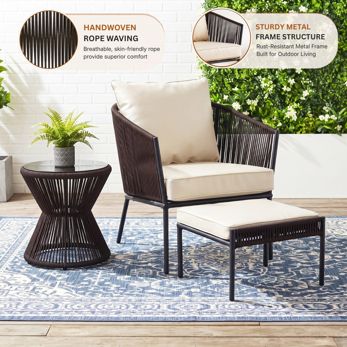 Outdoor 5 Piece Rope Patio Sofa Set (Brown & Cream)