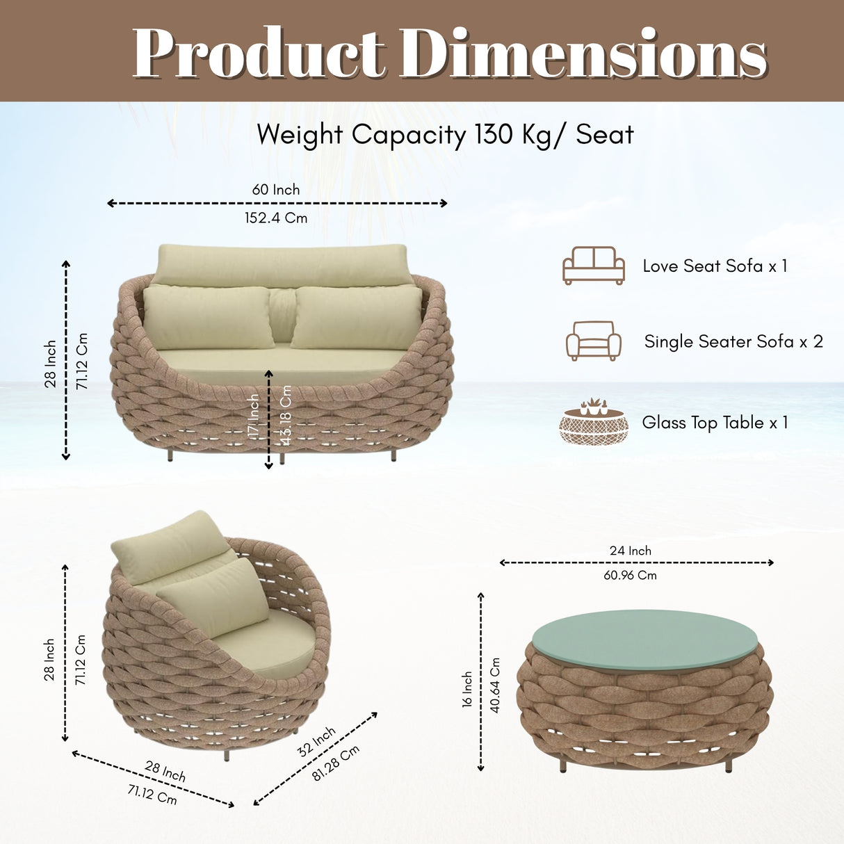 4 Piece Outdoor Rope Sofa Set (Beige & Cream)