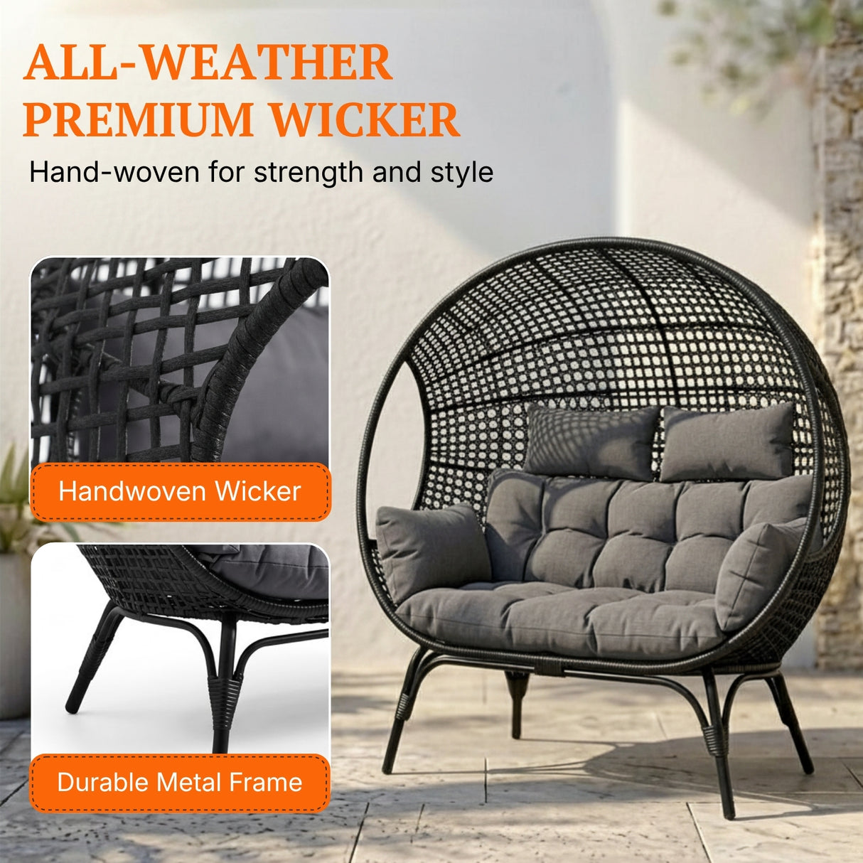 Outdoor Rattan Wicker Double Seater Egg Chair (Black & Dark Grey)