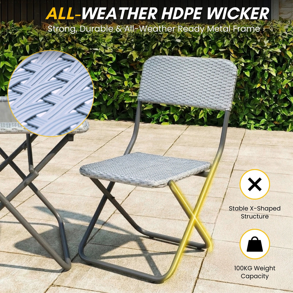 3-Piece Outdoor Wicker Folding Patio Set (Silver)