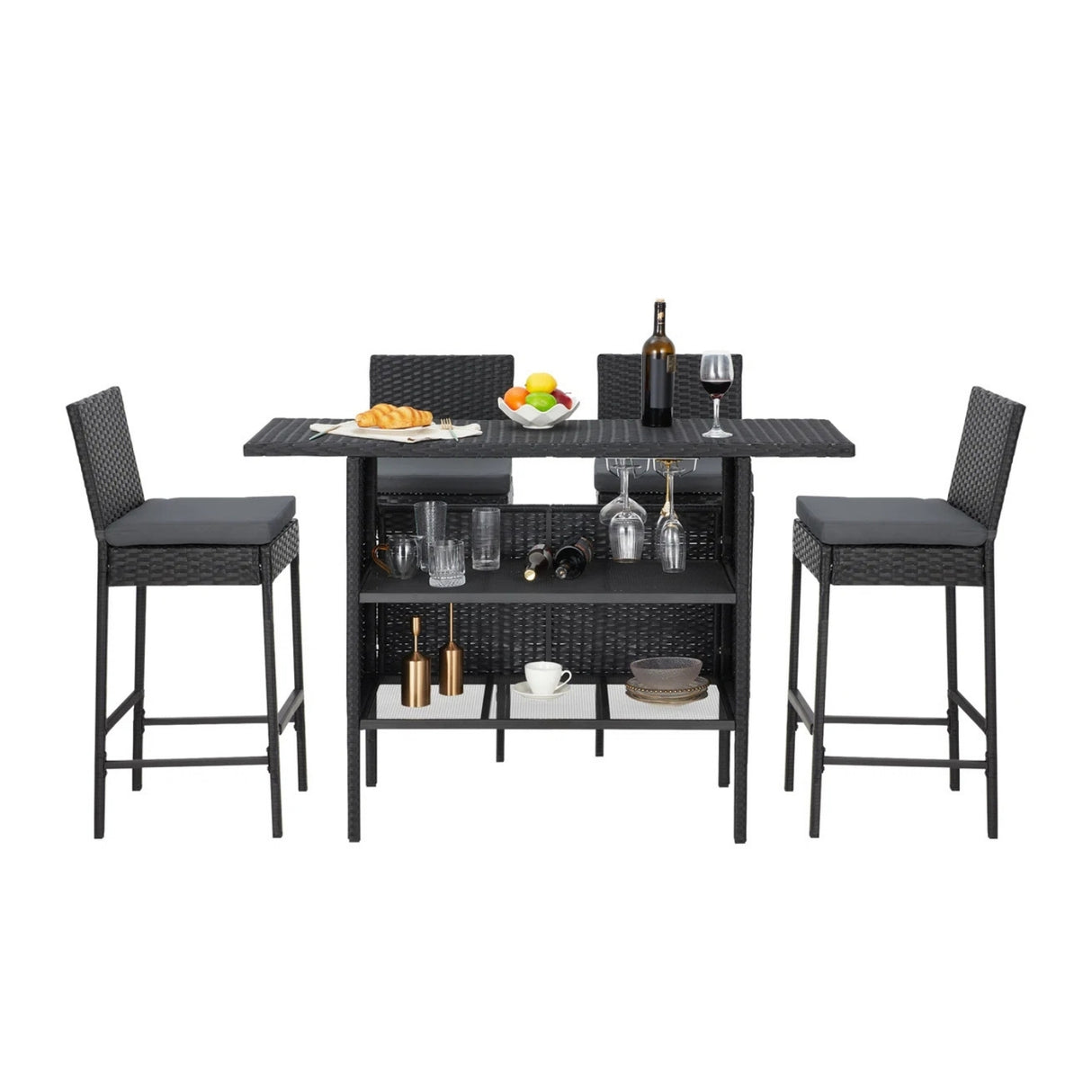 5-Piece Outdoor Rattan Wicker Bar Set with Wicker Top Table
