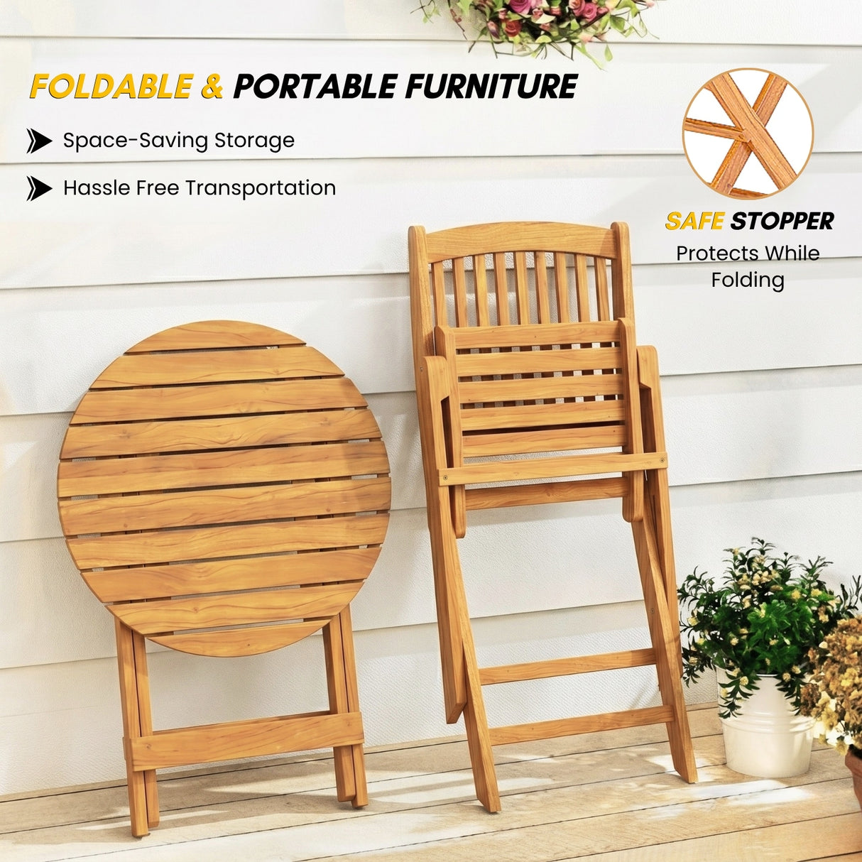 Acacia Wood Foldable Outdoor Bistro Set – 2 Chairs & Round Table