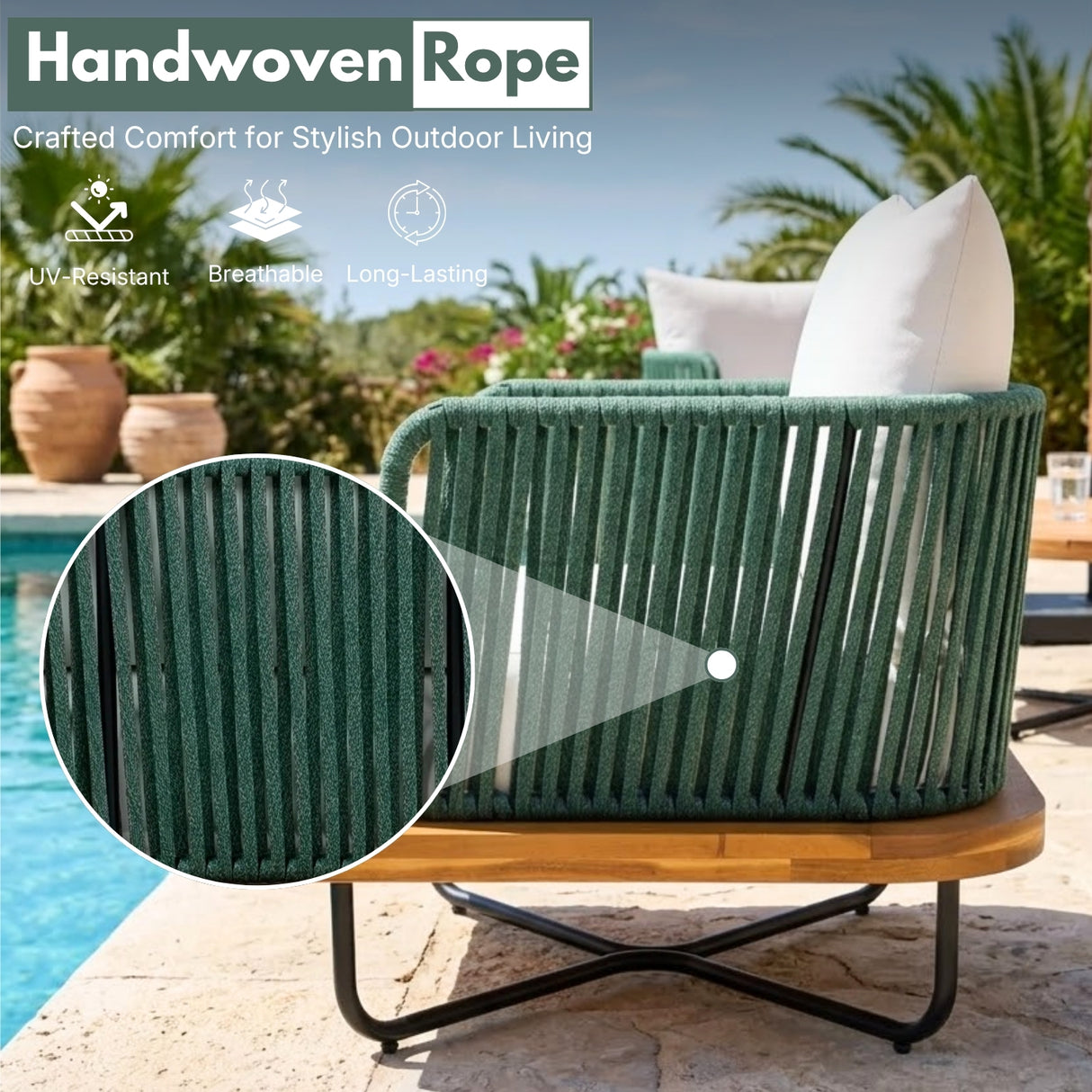 Outdoor Rope Sofa Set with Wooden Base & Teak Finish Coffee Table (Green & Off-White)