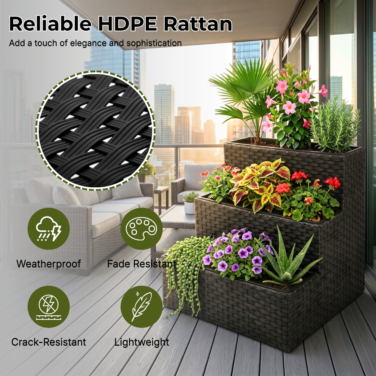 Outdoor 3-Tier Wicker Raised Planter Stand (Black)