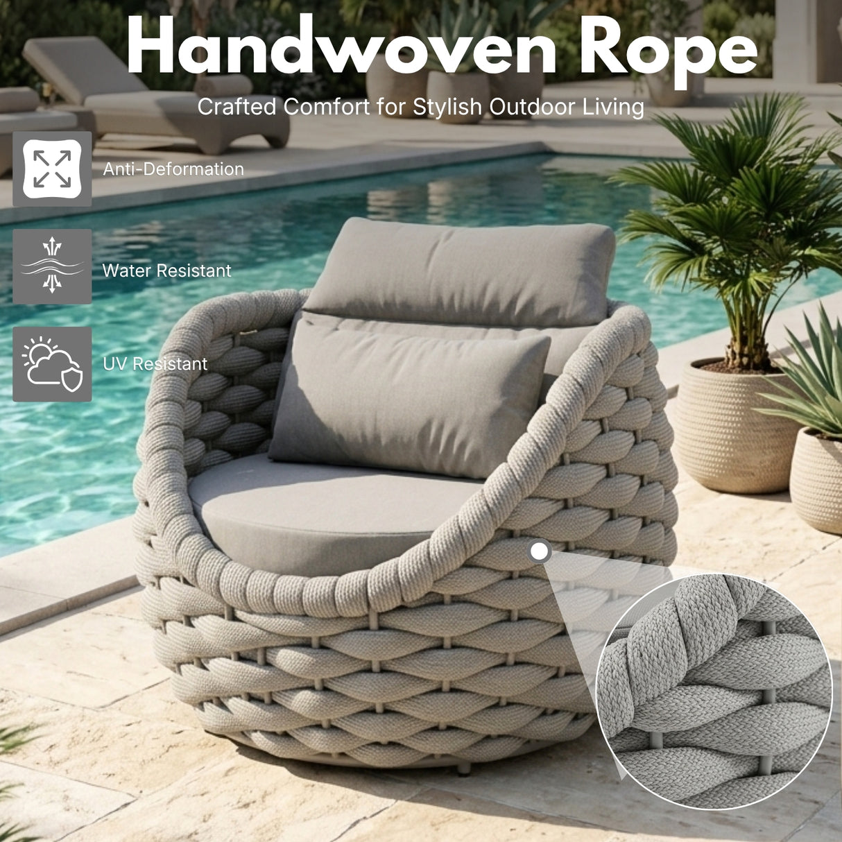 Outdoor Rope 5-Seater Sofa Set with Glass Top Center Table (Grey)