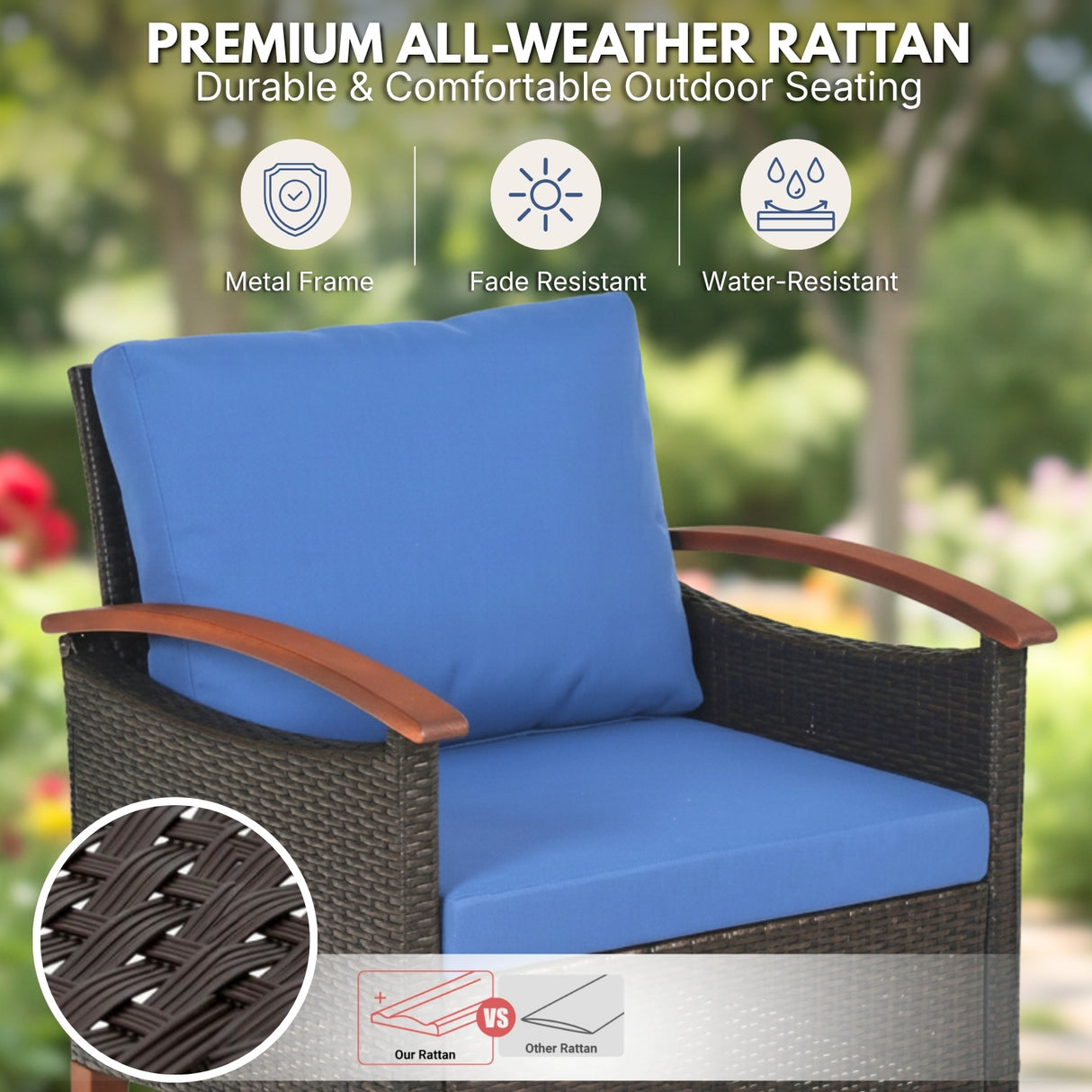 3-Piece Outdoor Wicker Patio Conversation Set (Dark Brown & Blue)