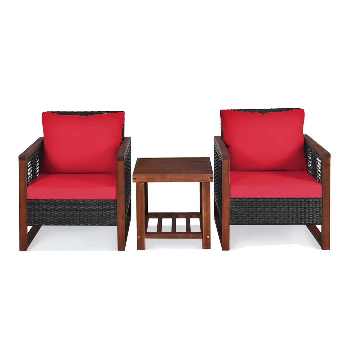 Outdoor Wicker 3-Piece Patio Furniture Set with Solid Wooden Frames (Dark Brown & Red)
