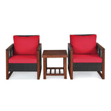 Outdoor Wicker 3-Piece Patio Furniture Set with Solid Wooden Frames (Dark Brown & Red)