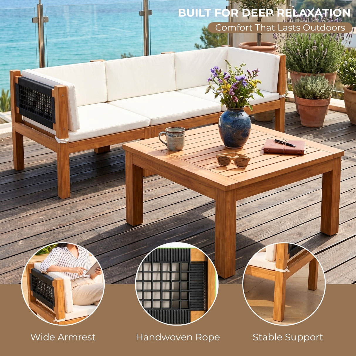 Outdoor Teak Wood & Rope L-Shape Sofa Set (Black & White)