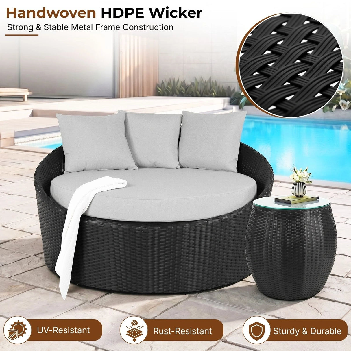 Outdoor Rattan Wicker Daybed with Glass Top Table