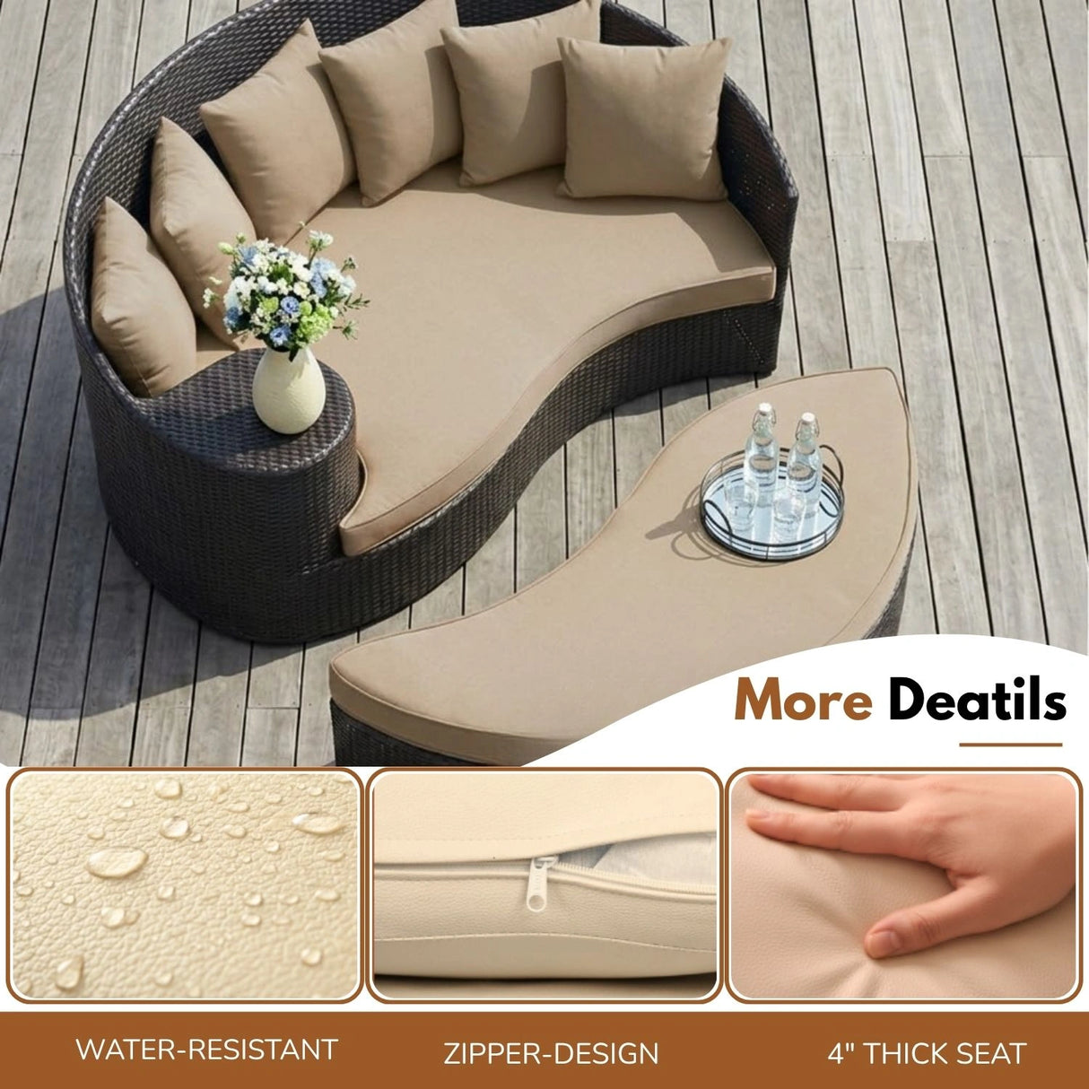 Outdoor Rattan Wicker Daybed (Dark Brown & Beige)