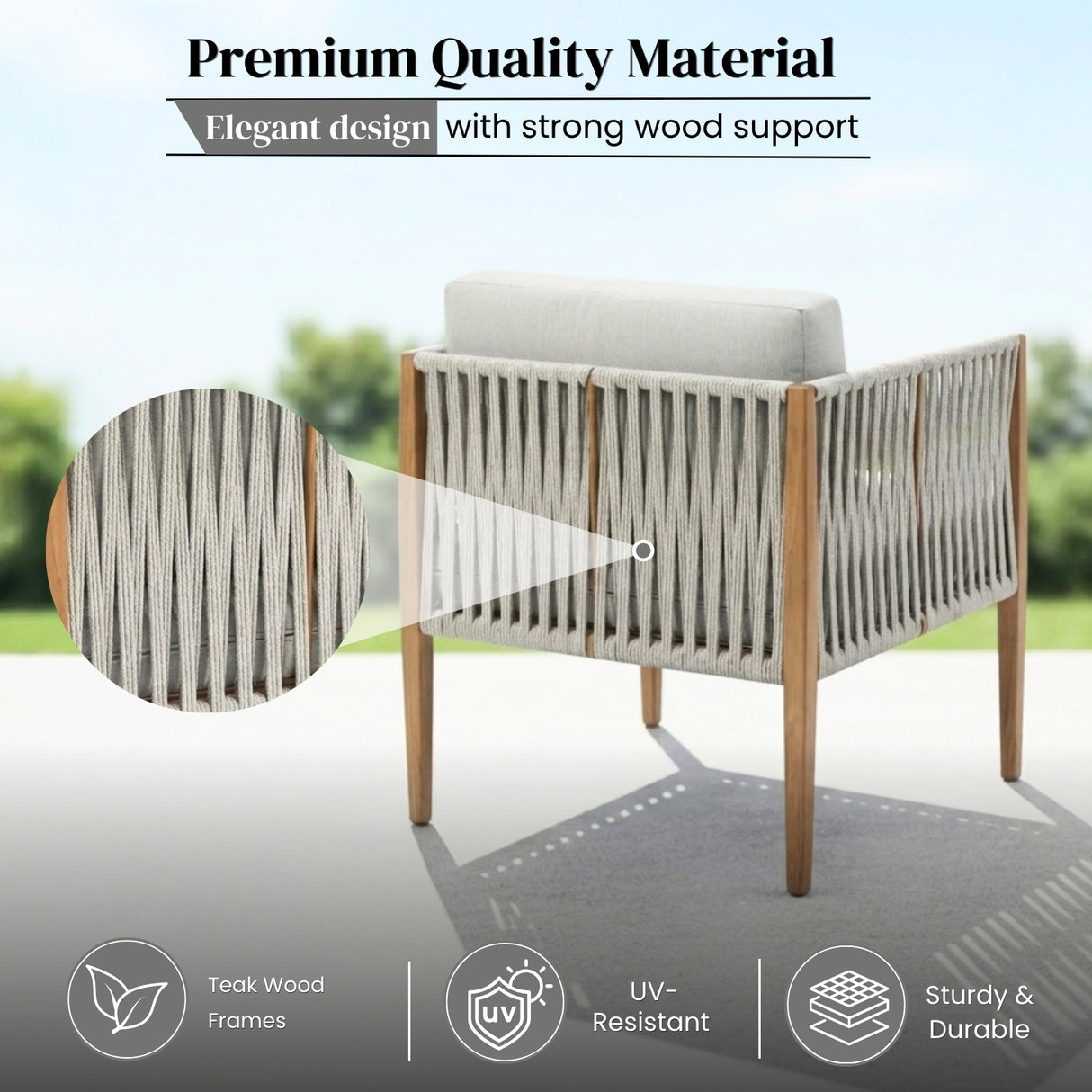 Outdoor Rope Sofa Set with Teak Wood Frames (Grey)