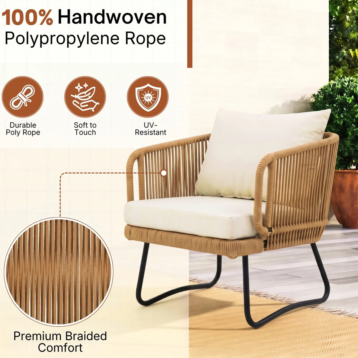 Outdoor 5pcs All-Weather Rope Sofa Set with Cushions (Beige & White)