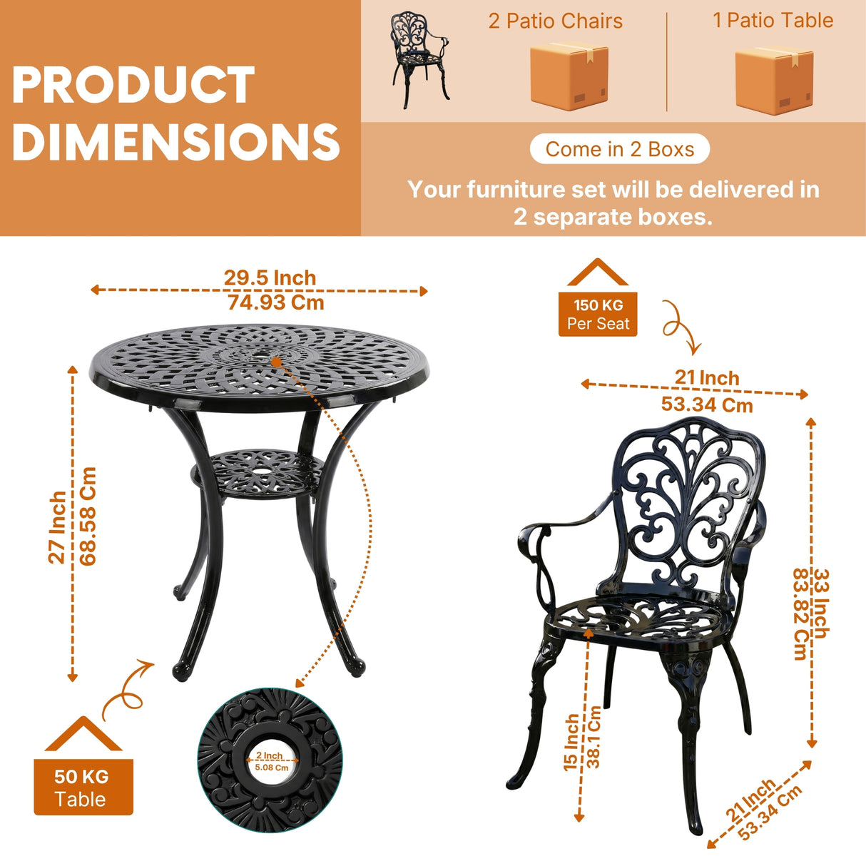 Outdoor 3-Piece Cast Aluminum Bistro Set (Black)