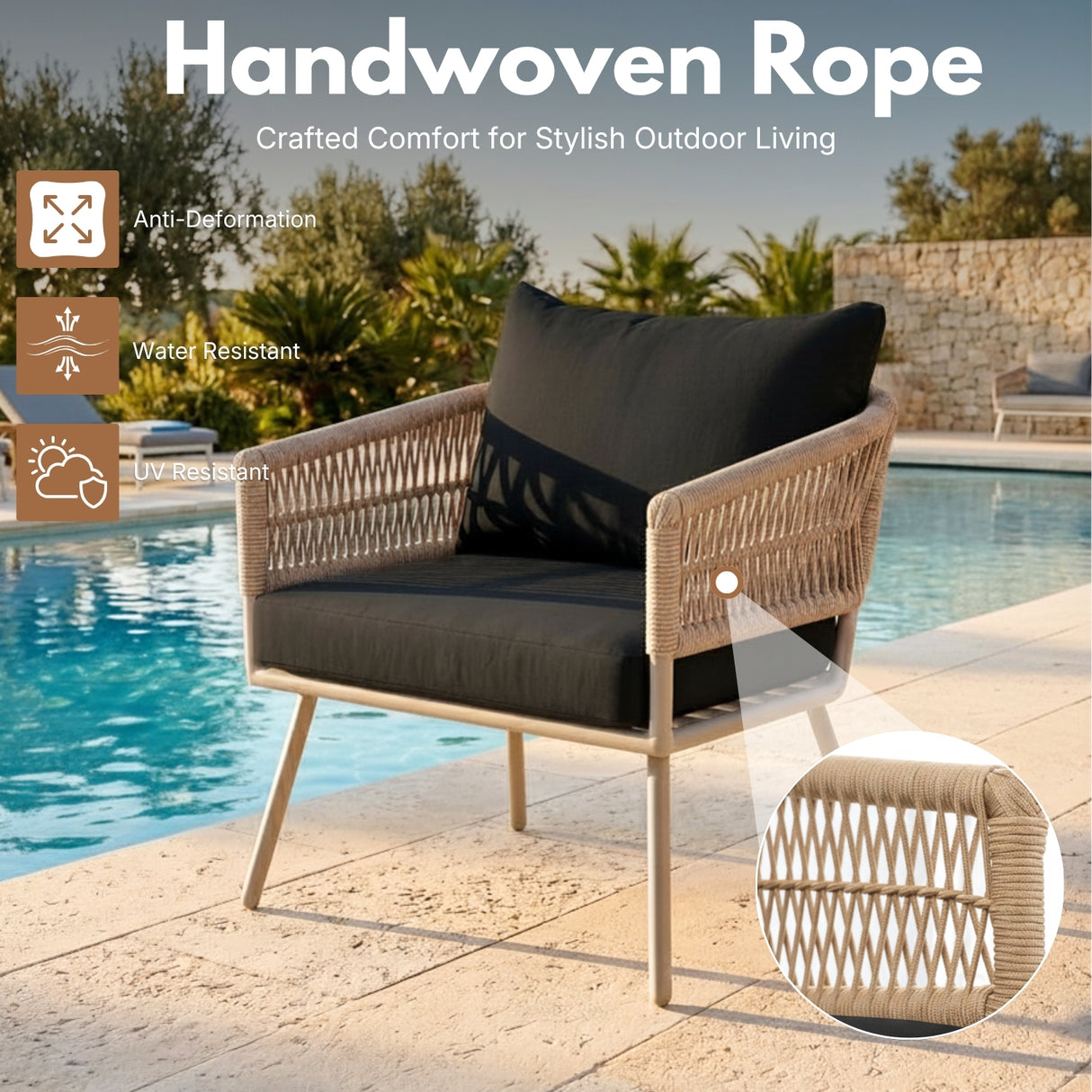 Outdoor Rope Sofa Set with Wooden Top Center Table (Beige & Black)