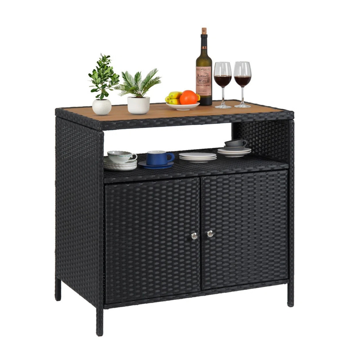 Outdoor Rattan Wicker Bar Table With Wooden Top