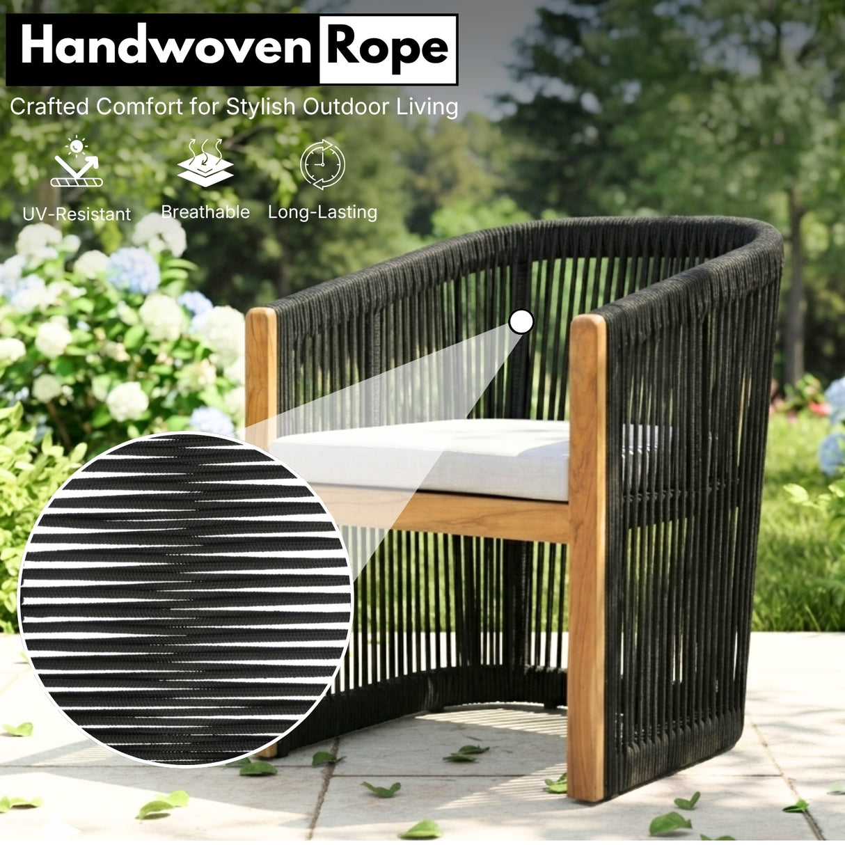 Modern Outdoor Rope Accent Chairs Set of 2 with Solid Wooden Frame