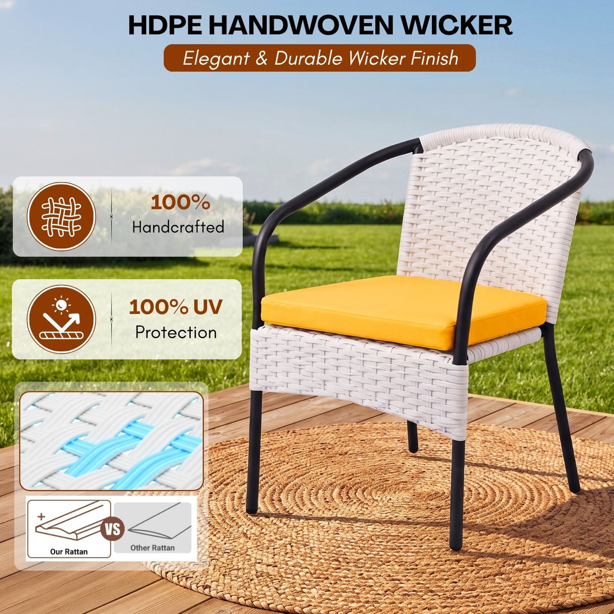 3 Piece Outdoor Wicker Patio Furniture Set (White & Yellow)