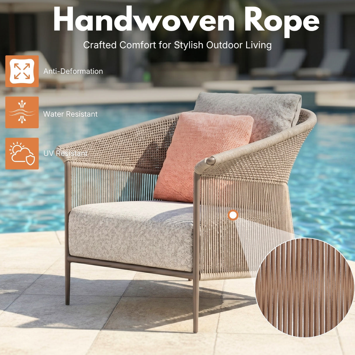 Outdoor Rope Patio Sofa Set with Cushions & Wooden Top Tables